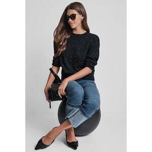 Anne Klein Womens Black Rhinestone Embellished Crew Neck Knit Sweater Size M